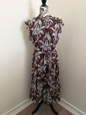 Ann Taylor Floral Tie-Waist Midi Dress in Burgundy Size Large